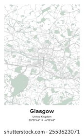 Editable vector poster map of Glasgow, United Kingdom, showcasing detailed street layouts, main roads, neighborhoods, and landmarks in Pastel, Gray, White, Green colors.