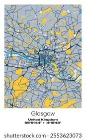 Editable vector poster map of Glasgow, United Kingdom, showcasing detailed street layouts, main roads, neighborhoods, and landmarks in Blue, Gray, Yellow, Olive colors.