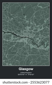 Editable vector poster map of Glasgow, United Kingdom, showcasing detailed street layouts, main roads, neighborhoods, and landmarks in Dark gray, Gray, Green, gray-green colors.