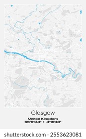 Editable vector poster map of Glasgow, United Kingdom, showcasing detailed street layouts, main roads, neighborhoods, and landmarks in Gray, white, blue colors.