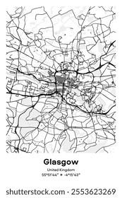 Editable vector poster map of Glasgow, United Kingdom, showcasing detailed street layouts, main roads, neighborhoods, and landmarks in Black, white, gray, BW colors.