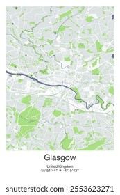 Editable vector poster map of Glasgow, United Kingdom, showcasing detailed street layouts, main roads, neighborhoods, and landmarks in Gray, Blue, Green, White colors.