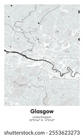 Editable vector poster map of Glasgow, United Kingdom, showcasing detailed street layouts, main roads, neighborhoods, and landmarks in Gray, Black, White, BW colors.