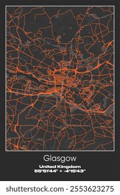 Editable vector poster map of Glasgow, United Kingdom, showcasing detailed street layouts, main roads, neighborhoods, and landmarks in Gray, Black, Orange colors.