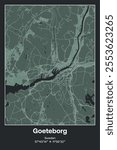 Editable vector poster map of Goeteborg, Sweden, showcasing detailed street layouts, main roads, neighborhoods, and landmarks in Dark gray, Gray, Green, gray-green colors.