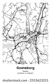 Editable vector poster map of Goeteborg, Sweden, showcasing detailed street layouts, main roads, neighborhoods, and landmarks in Black, white, gray, BW colors.