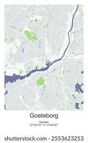 Editable vector poster map of Goeteborg, Sweden, showcasing detailed street layouts, main roads, neighborhoods, and landmarks in Gray, Blue, Green, White colors.