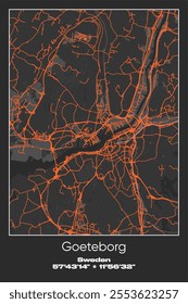 Editable vector poster map of Goeteborg, Sweden, showcasing detailed street layouts, main roads, neighborhoods, and landmarks in Gray, Black, Orange colors.