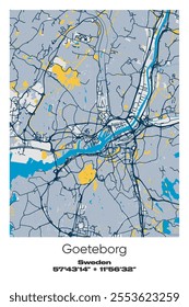 Editable vector poster map of Goeteborg, Sweden, showcasing detailed street layouts, main roads, neighborhoods, and landmarks in Blue, Gray, Yellow, Olive colors.