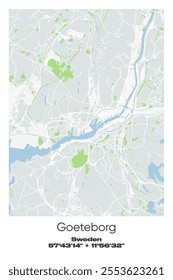 Editable vector poster map of Goeteborg, Sweden, showcasing detailed street layouts, main roads, neighborhoods, and landmarks in Gray, white, green, blue colors.