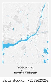 Editable vector poster map of Goeteborg, Sweden, showcasing detailed street layouts, main roads, neighborhoods, and landmarks in Gray, white, blue colors.