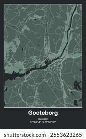 Editable vector poster map of Goeteborg, Sweden, showcasing detailed street layouts, main roads, neighborhoods, and landmarks in Dark gray, Gray, Green, gray-green colors.