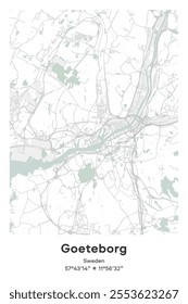 Editable vector poster map of Goeteborg, Sweden, showcasing detailed street layouts, main roads, neighborhoods, and landmarks in Pastel, Gray, White, Green colors.