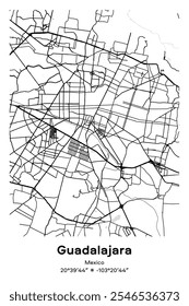 Editable vector poster map of Guadalajara, Mexico, showcasing detailed street layouts, main roads, neighborhoods, and landmarks in Black, white, gray, BW colors.