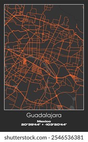 Mapa de cartaz vetorial editável de Guadalajara, México, apresentando detalhados layouts de ruas, principais estradas, bairros e pontos de referência em cores cinza, preto, laranja.