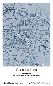 Editable vector poster map of Guadalajara, Mexico, showcasing detailed street layouts, main roads, neighborhoods, and landmarks in Blue, Gray, Yellow, Olive colors.