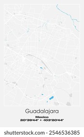 Editable vector poster map of Guadalajara, Mexico, showcasing detailed street layouts, main roads, neighborhoods, and landmarks in Gray, white, blue colors.