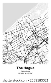 Mapa de pôster vetorial editável de Haia, Países Baixos, mostrando detalhados layouts de rua, principais estradas, bairros e pontos de referência em preto, branco, cinza, BW cores.