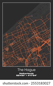 Editable vector poster map of The Hague, Netherlands, showcasing detailed street layouts, main roads, neighborhoods, and landmarks in Gray, Black, Orange colors.