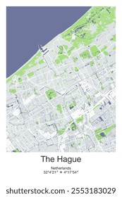 Editable vector poster map of The Hague, Netherlands, showcasing detailed street layouts, main roads, neighborhoods, and landmarks in Gray, Blue, Green, White colors.