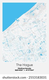Mapa editável de pôster vetorial de Haia, Países Baixos, mostrando detalhados layouts de rua, estradas principais, bairros e pontos de referência em cores cinzentas, brancas e azuis.