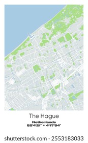 Editable vector poster map of The Hague, Netherlands, showcasing detailed street layouts, main roads, neighborhoods, and landmarks in Gray, white, green, blue colors.