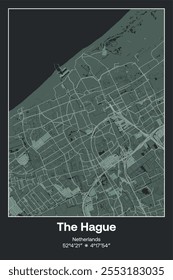 Mapa de pôster vetorial editável de Haia, Países Baixos, mostrando detalhados layouts de rua, estradas principais, bairros e pontos de referência em cinza escuro, cinza, verde, cinza-verde cores.
