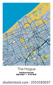 Editable vector poster map of The Hague, Netherlands, showcasing detailed street layouts, main roads, neighborhoods, and landmarks in Blue, Gray, Yellow, Olive colors.