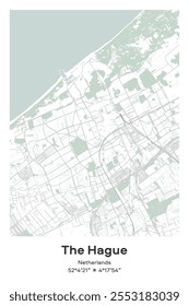 Editable vector poster map of The Hague, Netherlands, showcasing detailed street layouts, main roads, neighborhoods, and landmarks in Pastel, Gray, White, Green colors.