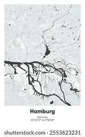 Editable vector poster map of Hamburg, Germany, showcasing detailed street layouts, main roads, neighborhoods, and landmarks in Gray, Black, White, BW colors.