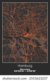 Editable vector poster map of Hamburg, Germany, showcasing detailed street layouts, main roads, neighborhoods, and landmarks in Gray, Black, Orange colors.