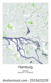 Editable vector poster map of Hamburg, Germany, showcasing detailed street layouts, main roads, neighborhoods, and landmarks in Gray, Blue, Green, White colors.