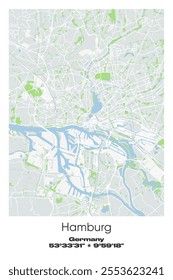 Editable vector poster map of Hamburg, Germany, showcasing detailed street layouts, main roads, neighborhoods, and landmarks in Gray, white, green, blue colors.