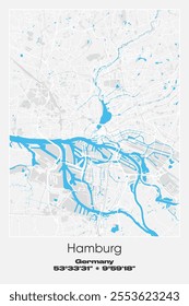 Editable vector poster map of Hamburg, Germany, showcasing detailed street layouts, main roads, neighborhoods, and landmarks in Gray, white, blue colors.