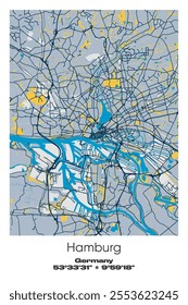 Editable vector poster map of Hamburg, Germany, showcasing detailed street layouts, main roads, neighborhoods, and landmarks in Blue, Gray, Yellow, Olive colors.