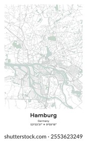 Editable vector poster map of Hamburg, Germany, showcasing detailed street layouts, main roads, neighborhoods, and landmarks in Pastel, Gray, White, Green colors.