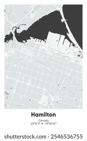 Editable vector poster map of Hamilton, Canada, showcasing detailed street layouts, main roads, neighborhoods, and landmarks in Gray, Black, White, BW colors.