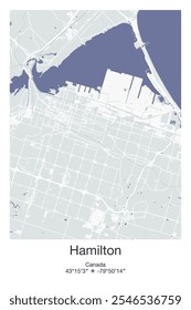 Editable vector poster map of Hamilton, Canada, showcasing detailed street layouts, main roads, neighborhoods, and landmarks in Gray, Blue, Green, White colors.