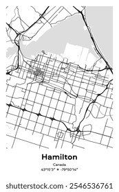 Mapa de pôster vetorial editável de Hamilton, Canadá, mostrando detalhados layouts de rua, principais estradas, bairros e pontos de referência em preto, branco, cinza, BW cores.