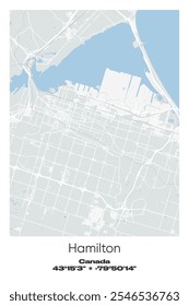 Editable vector poster map of Hamilton, Canada, showcasing detailed street layouts, main roads, neighborhoods, and landmarks in Gray, white, green, blue colors.