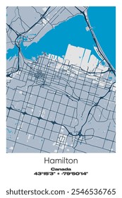 Editable vector poster map of Hamilton, Canada, showcasing detailed street layouts, main roads, neighborhoods, and landmarks in Blue, Gray, Yellow, Olive colors.