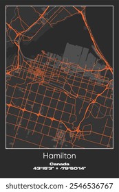 Editable vector poster map of Hamilton, Canada, showcasing detailed street layouts, main roads, neighborhoods, and landmarks in Gray, Black, Orange colors.