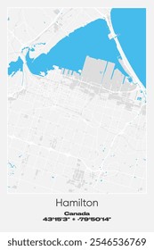 Editable vector poster map of Hamilton, Canada, showcasing detailed street layouts, main roads, neighborhoods, and landmarks in Gray, white, blue colors.