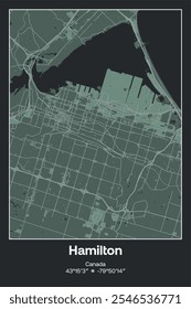 Mapa de pôster vetorial editável de Hamilton, Canadá, mostrando detalhados layouts de rua, estradas principais, bairros e pontos de referência em cinza escuro, cinza, verde, cinza-verde cores.