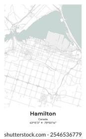 Editable vector poster map of Hamilton, Canada, showcasing detailed street layouts, main roads, neighborhoods, and landmarks in Pastel, Gray, White, Green colors.