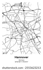 Editable vector poster map of Hannover, Germany, showcasing detailed street layouts, main roads, neighborhoods, and landmarks in Black, white, gray, BW colors.