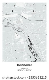 Editable vector poster map of Hannover, Germany, showcasing detailed street layouts, main roads, neighborhoods, and landmarks in Gray, Black, White, BW colors.