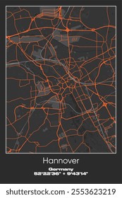 Editable vector poster map of Hannover, Germany, showcasing detailed street layouts, main roads, neighborhoods, and landmarks in Gray, Black, Orange colors.