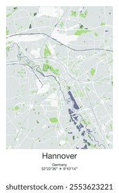 Editable vector poster map of Hannover, Germany, showcasing detailed street layouts, main roads, neighborhoods, and landmarks in Gray, Blue, Green, White colors.