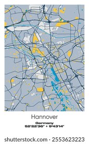 Editable vector poster map of Hannover, Germany, showcasing detailed street layouts, main roads, neighborhoods, and landmarks in Blue, Gray, Yellow, Olive colors.